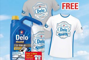 FREE Delo 80th Anniversary T-shirt with every Delo Gold MG SAE15W-40 4L promo pack